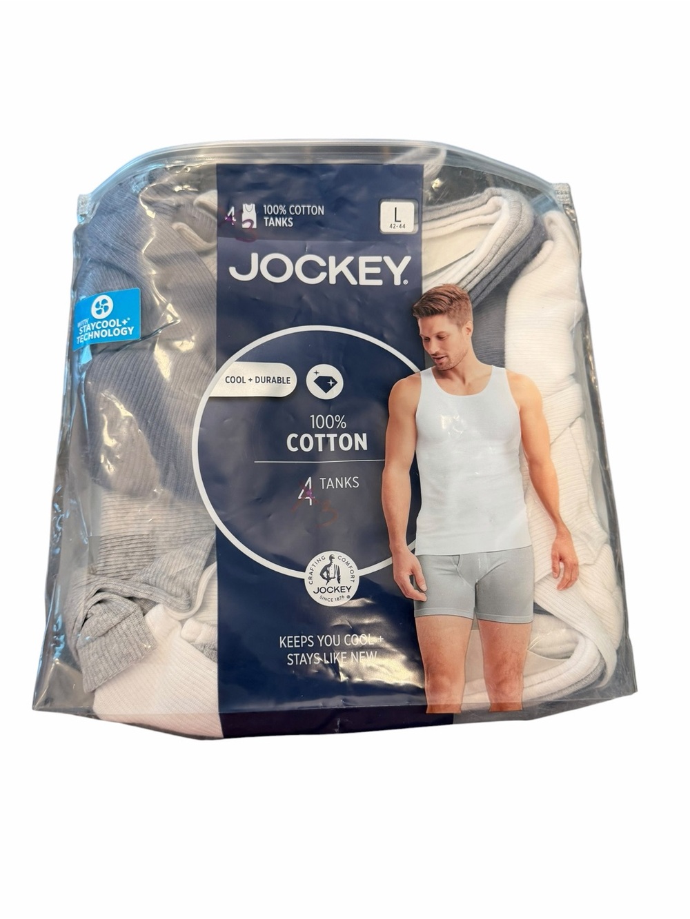 New Jockey 3 Pack Men's Stay Cool Cotton Tanks Size Large 42-44 Grays White